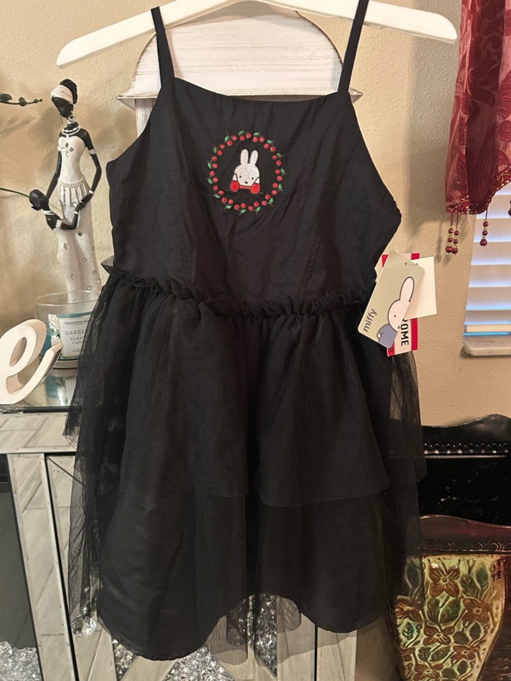miffy Black Tulle Spaghetti-Strap Kids Dress with Embroidered Bunny